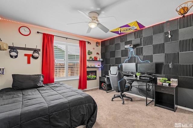 carpeted bedroom with ceiling fan