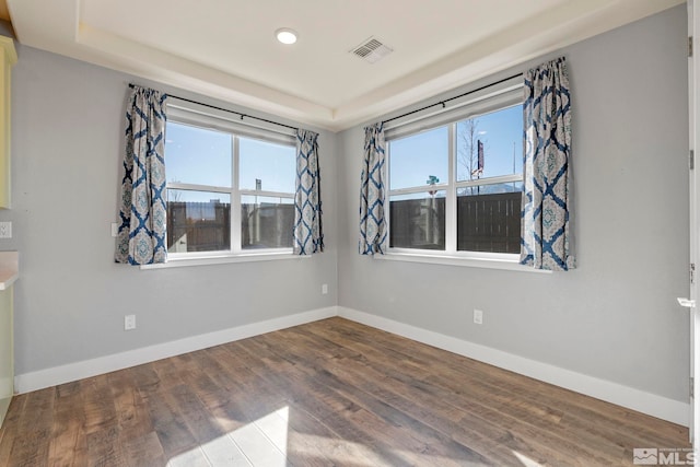 empty room featuring hardwood / wood-style flooring and a raised ceiling