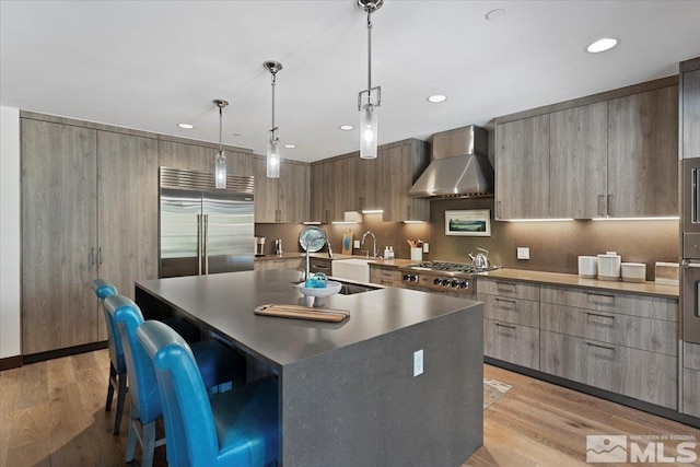 kitchen featuring pendant lighting, wall chimney range hood, light hardwood / wood-style flooring, appliances with stainless steel finishes, and a kitchen island with sink