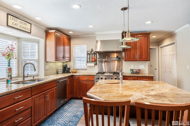 kitchen featuring decorative light fixtures, ornamental molding, stove, stainless steel dishwasher, and light stone counters