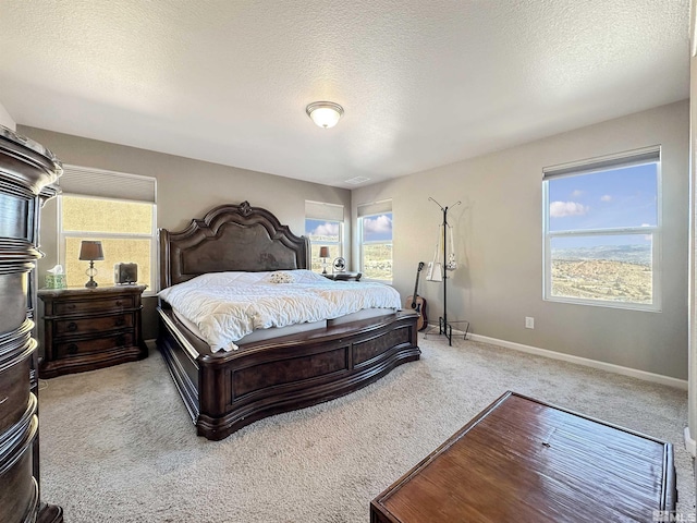 bedroom with multiple windows, light carpet, and a textured ceiling