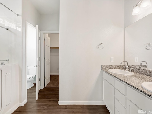 bathroom with vanity, wood-type flooring, and toilet