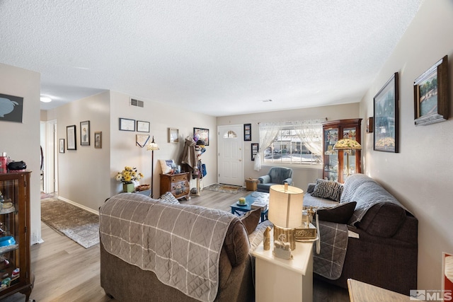 living room with light hardwood / wood-style floors and a textured ceiling