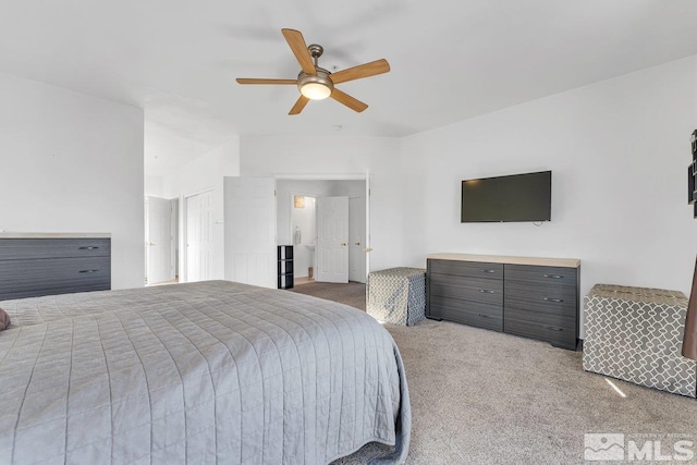 carpeted bedroom with ceiling fan