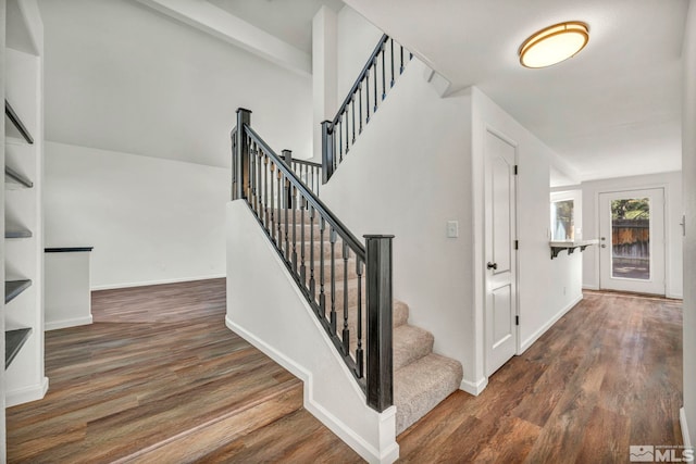 staircase with hardwood / wood-style floors