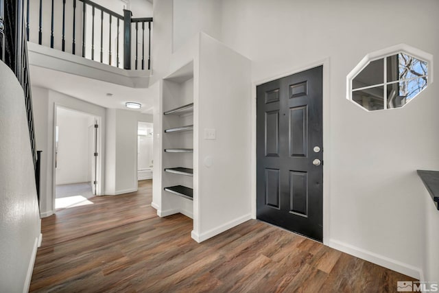 foyer featuring a high ceiling and dark wood-type flooring