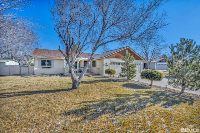 ranch-style home with a garage, covered porch, and a front lawn