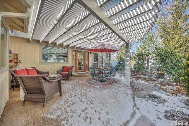 view of patio featuring french doors, an outdoor hangout area, and a pergola