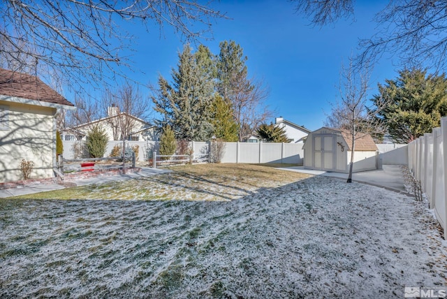 view of yard with a patio area and a shed