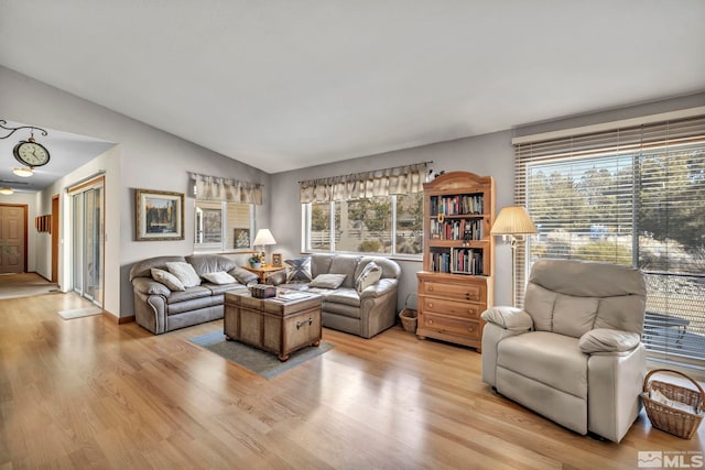 living room featuring lofted ceiling and light hardwood / wood-style flooring