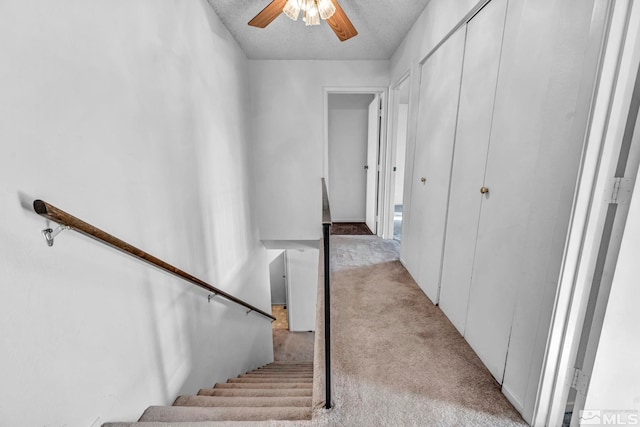 staircase with ceiling fan and carpet flooring