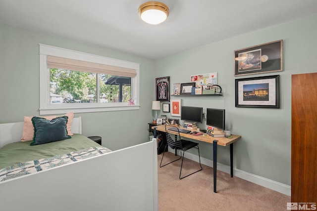 bedroom with light colored carpet