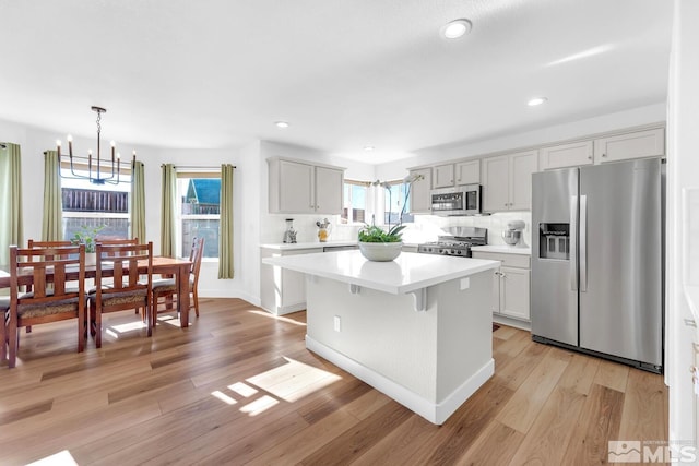 kitchen featuring tasteful backsplash, a center island, light wood-type flooring, pendant lighting, and stainless steel appliances