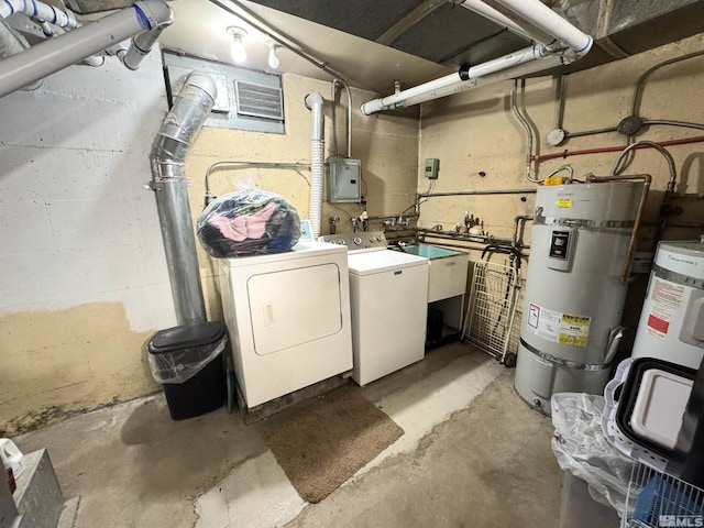 utility room with independent washer and dryer, electric panel, sink, and water heater