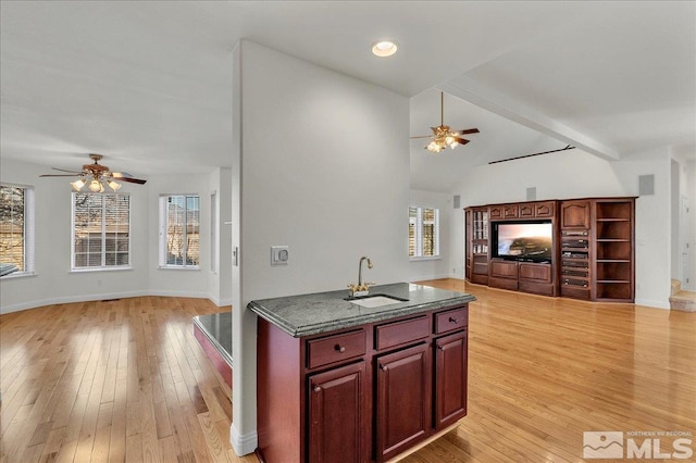 kitchen featuring ceiling fan, a wealth of natural light, sink, and light wood-type flooring