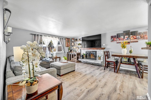 living room featuring light hardwood / wood-style flooring and a fireplace