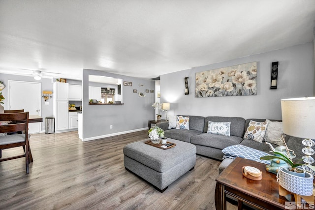 living room with hardwood / wood-style flooring and ceiling fan