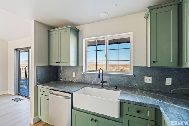 kitchen featuring sink, decorative backsplash, stainless steel dishwasher, and green cabinetry