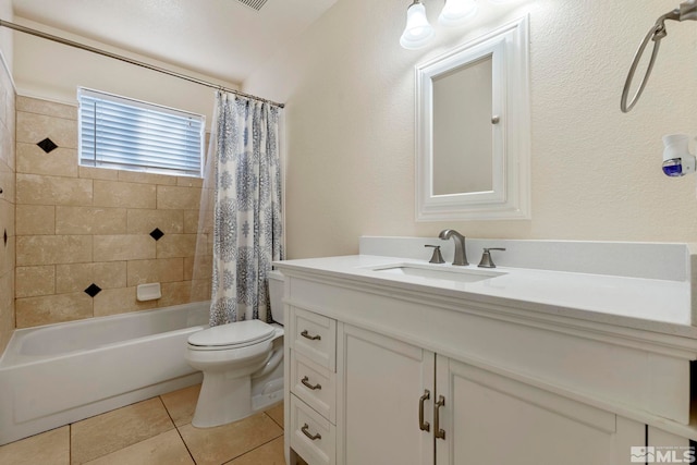 full bathroom featuring tile patterned flooring, vanity, shower / tub combo, and toilet