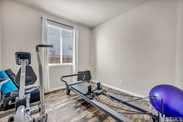 workout room featuring wood-type flooring