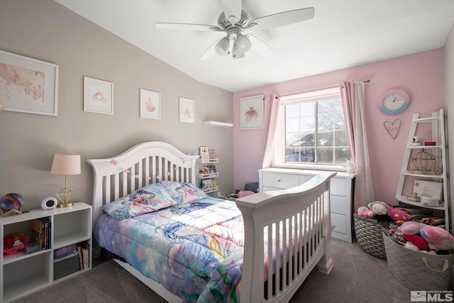 carpeted bedroom featuring ceiling fan