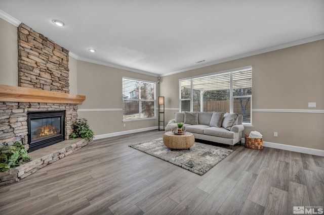 living room featuring ornamental molding, a stone fireplace, and hardwood / wood-style floors