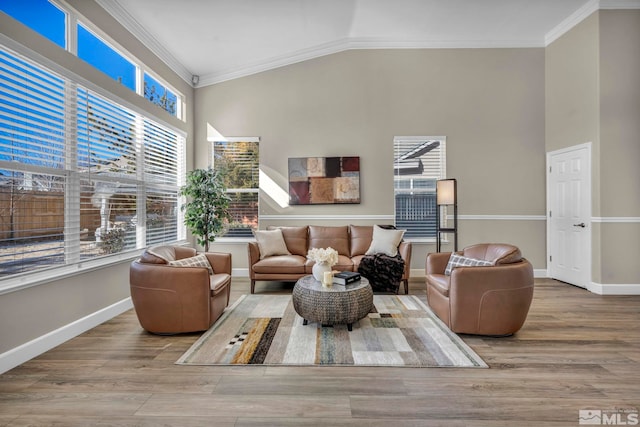 living room with crown molding, high vaulted ceiling, and light wood-type flooring