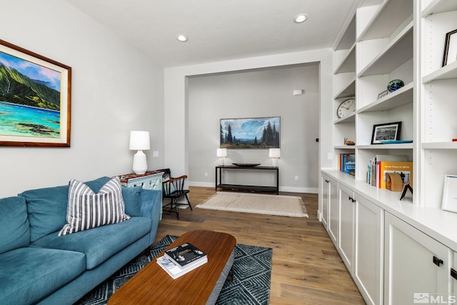 living room featuring dark wood-type flooring