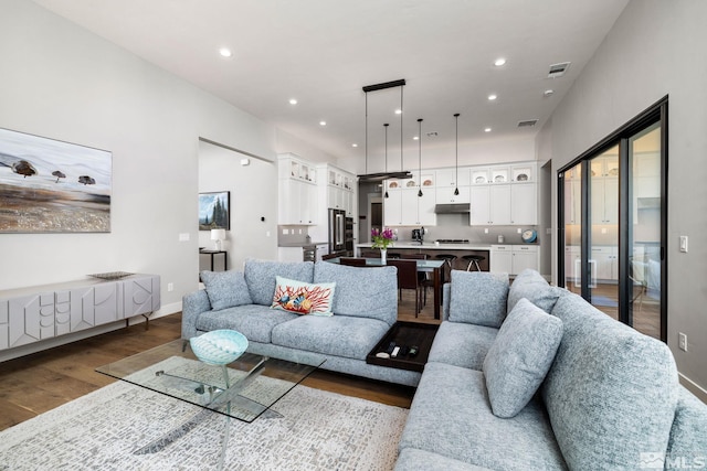 living room featuring dark wood-type flooring