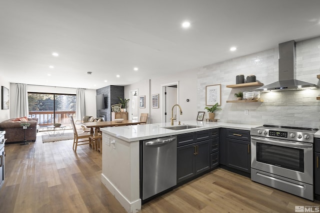 kitchen featuring tasteful backsplash, sink, kitchen peninsula, stainless steel appliances, and wall chimney exhaust hood