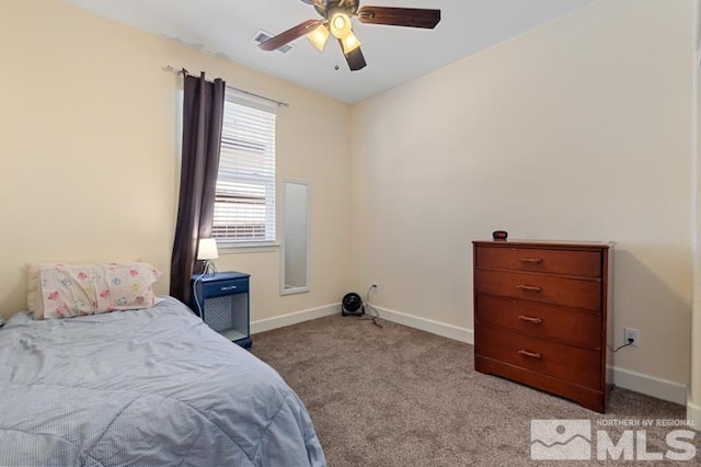 bedroom with light colored carpet and ceiling fan