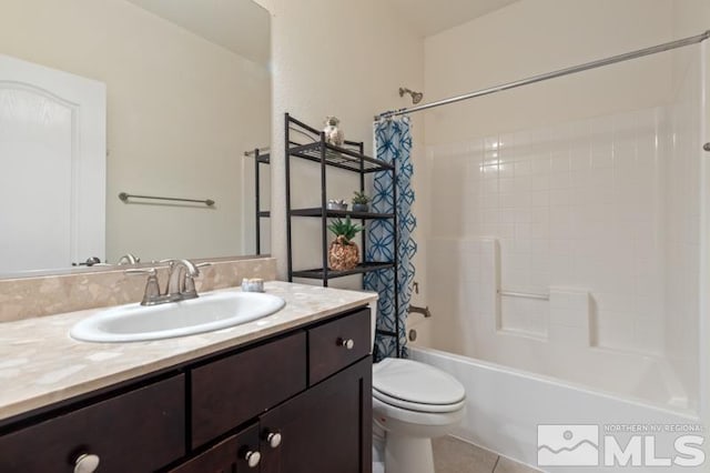 full bathroom with vanity, shower / tub combo, tile patterned flooring, and toilet