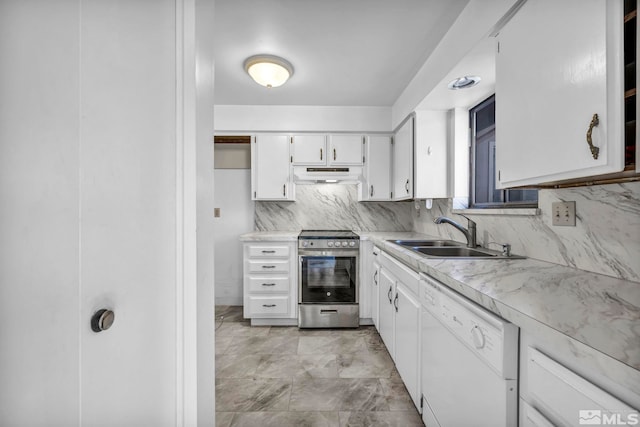 kitchen with sink, tasteful backsplash, stainless steel electric range oven, dishwasher, and white cabinets