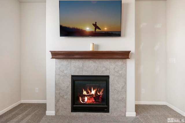 details with a tile fireplace and carpet