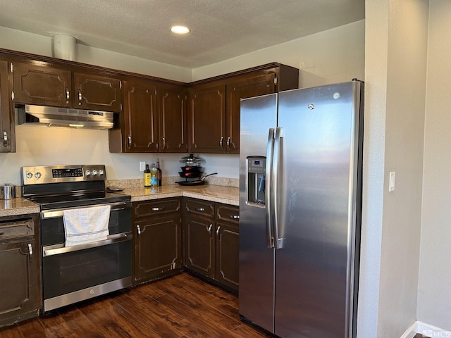 kitchen with dark hardwood / wood-style flooring, stainless steel appliances, a textured ceiling, and dark brown cabinetry