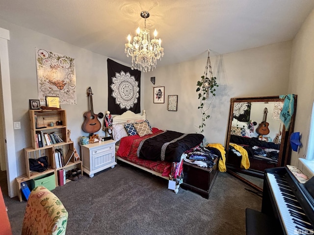 bedroom featuring dark colored carpet and an inviting chandelier