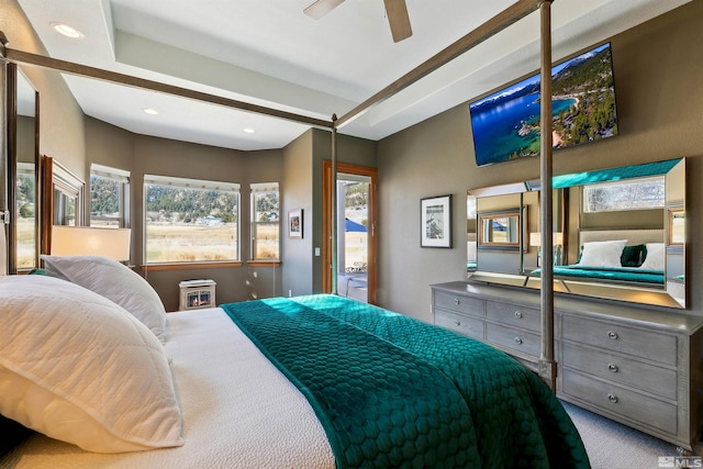 bedroom with light colored carpet