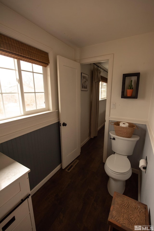 bathroom featuring vanity, hardwood / wood-style floors, a wealth of natural light, and toilet