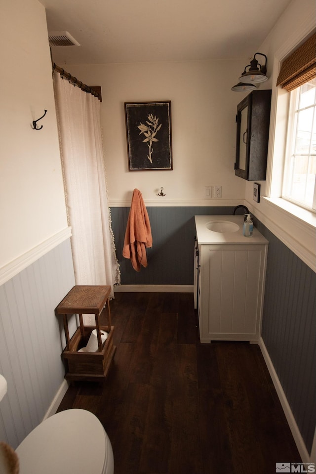 bathroom with wood-type flooring, vanity, and toilet