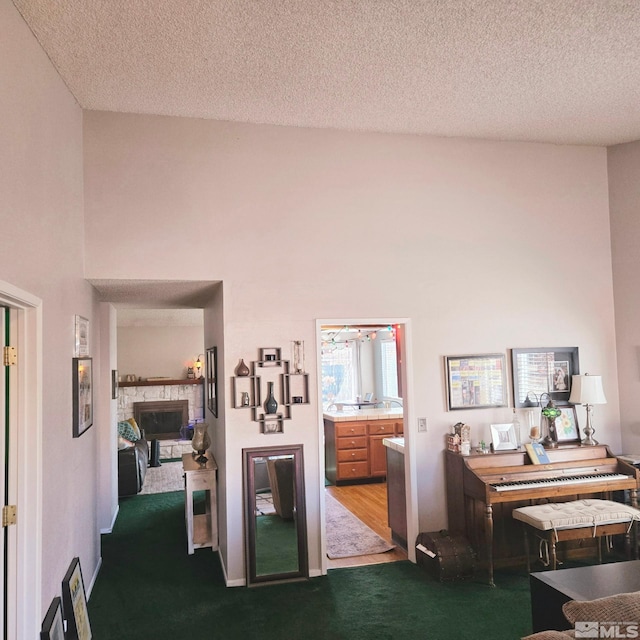 interior space with a high ceiling, dark colored carpet, and a textured ceiling