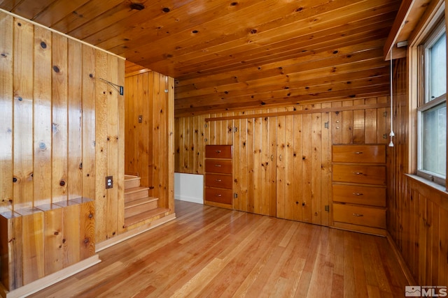 bonus room with wood ceiling, light wood-type flooring, and wood walls