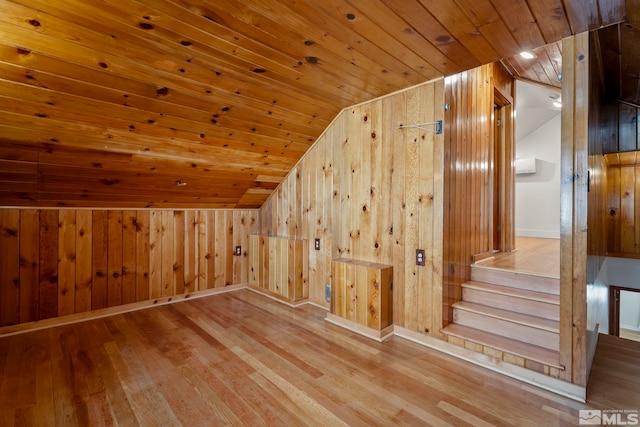 additional living space featuring wood ceiling, lofted ceiling, wood-type flooring, and wood walls