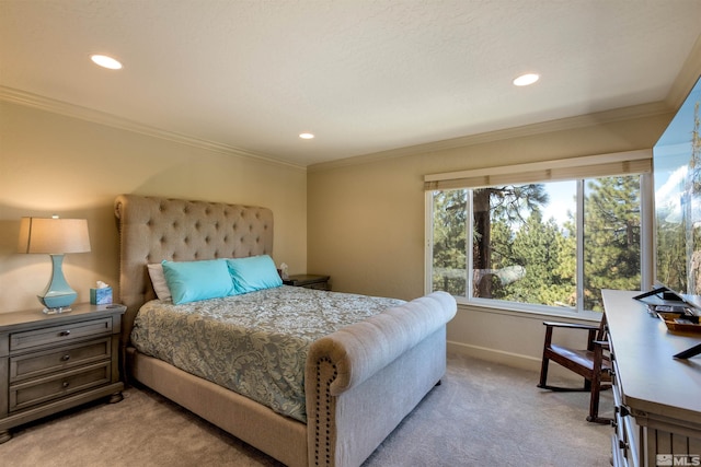 carpeted bedroom with crown molding