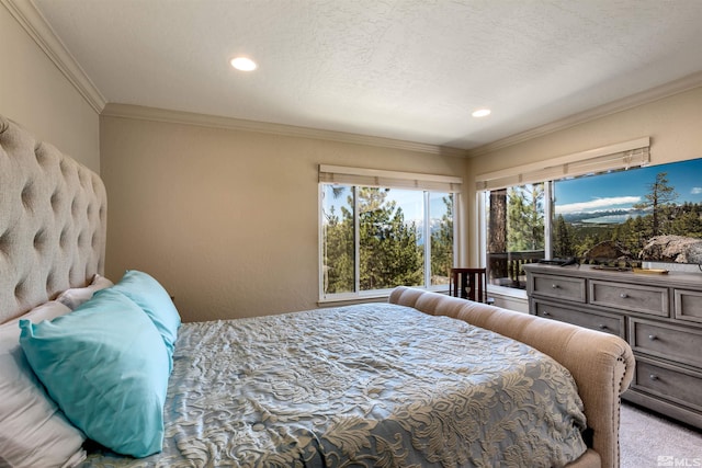 carpeted bedroom with multiple windows, crown molding, and a textured ceiling