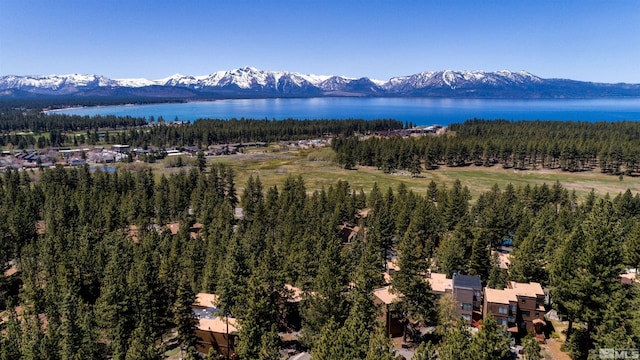 drone / aerial view with a water and mountain view