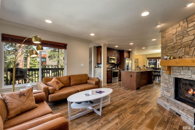 living room featuring crown molding, a stone fireplace, and a healthy amount of sunlight