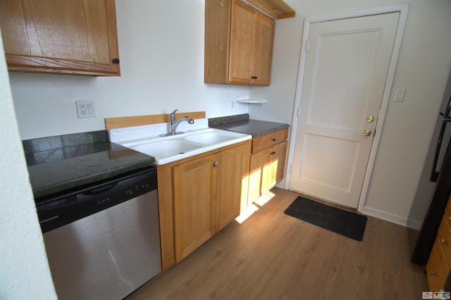 kitchen with sink, stainless steel dishwasher, and light hardwood / wood-style floors