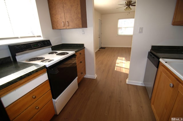 kitchen featuring electric stove, stainless steel dishwasher, ceiling fan, and hardwood / wood-style flooring