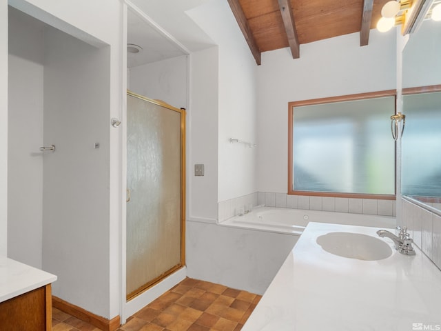 bathroom featuring vanity, beamed ceiling, wooden ceiling, and separate shower and tub