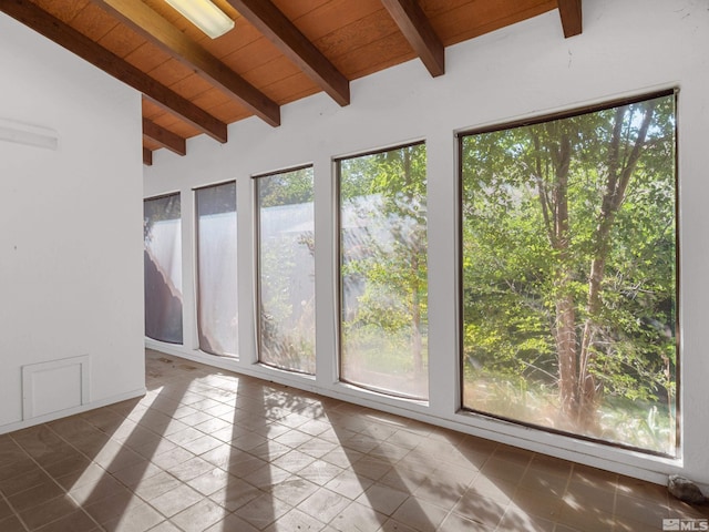 interior space featuring lofted ceiling with beams and wooden ceiling